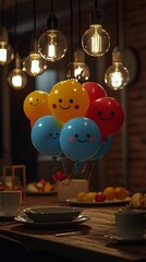 A cluster of colorful smiling balloons floating above a dinner table