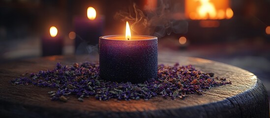 A burning candle with dried herbs on a wooden surface