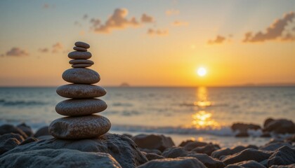 Balanced stone cairn at sunset, achievement and balance concept, golden hour lighting, ocean background, zen aesthetic