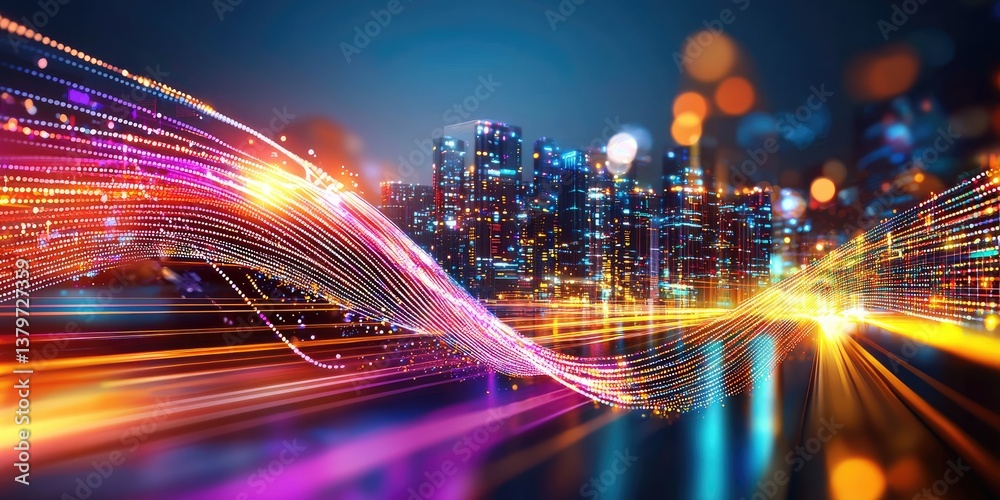 Poster A futuristic metropolis, where abstract dot points connect with a gradient line, symbolizing the intricate tapestry of big data, while a sleek wave line represents the ro