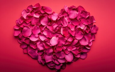Obraz premium A heart shape created from pink petals against a vibrant red backdrop.