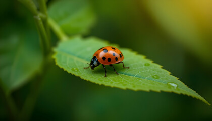 Red insect on green leaf closeup