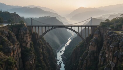 Bridge spanning dramatic canyon, connecting two lands, opportunity concept, fog effects, dawn lighting, journey metaphor
