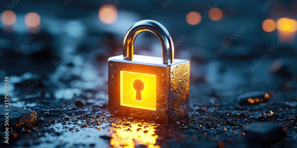 Aufkleber In a dimly lit digital space, a glowing, obsidian-like padlock stood sentinel, its surface shimmering with an internal light, symbolizing the impenetrable fortress of cyb