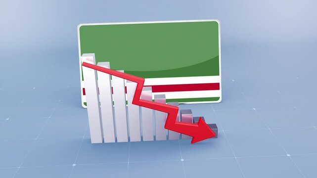 Chechen Repub lic of Ichkeria Country Flag and Bar Chart Graph Showing Decreasing Values a Red Arrow Economic Crisis Concept. 
