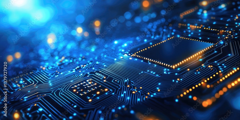 Poster a vibrant blue backdrop pulsates with the intricate details of a digital circuit board, illuminated 