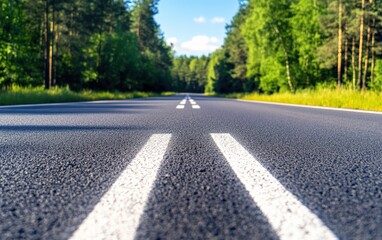 Fototapeta premium A road features two parallel white lines marking the lanes for vehicles.