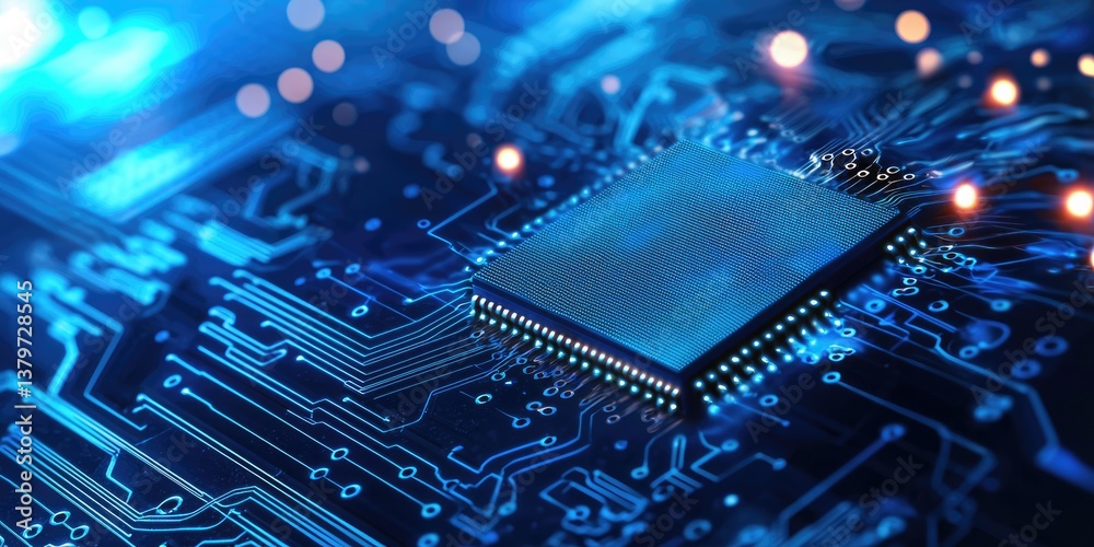 Poster a vibrant blue backdrop pulsates with the intricate details of a digital circuit board, illuminated 