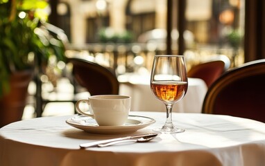 A glass of wine and a cup are placed on a table, creating a cozy atmosphere.