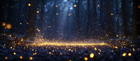 Forest floor with golden lights amidst tall dark trees