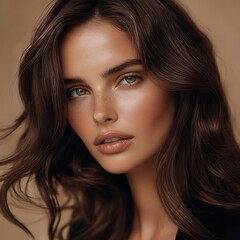 Naklejka premium A stunning brunette model with voluminous, glossy hair and flawless skin