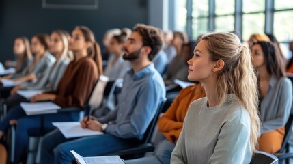 A group of individuals seated in a row within a lecture hall environment.