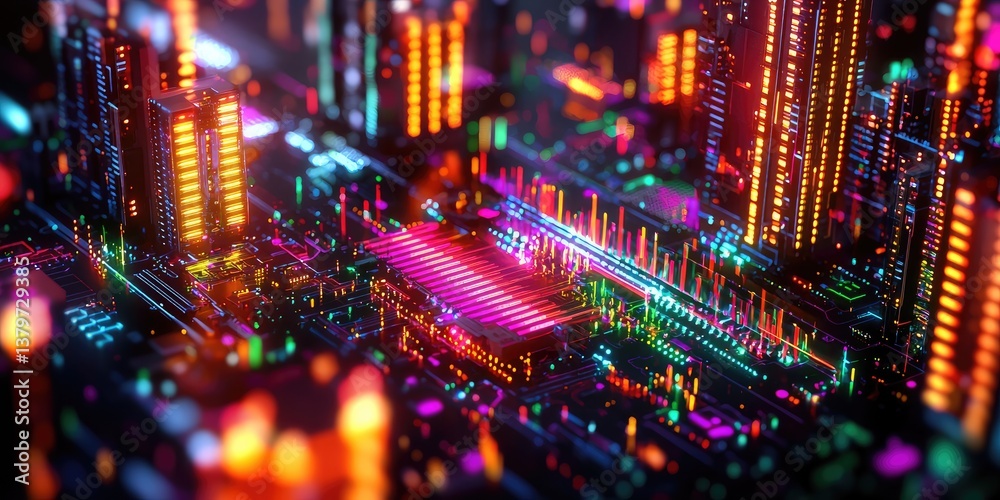Poster A isometric backdrop of a server farm pulsates with data streams, hinting at the transformative power of blockchain. A non-fungible token (NFT) concept, symbolized by a v