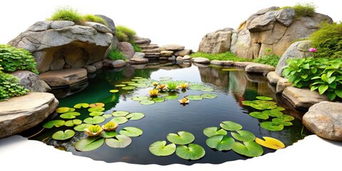 Surreal Pond Landscape: Picturesque Rocks, Lily Pads, Nature Reserve Photography