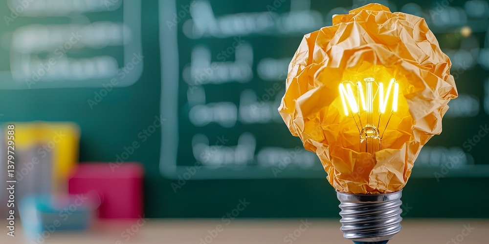 Poster a vibrant, crumpled paper light bulb, illuminating a blackboard teeming with creative ideas and inno