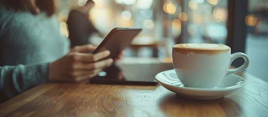 Person enjoying coffee and using a tablet in a cafe