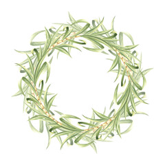 Sugar cane stalks with leaves watercolor wreath isolated. Round frame from stems and green foliage. Hand drawn illustration of bamboo shoots. Template with copy space in sketch style for food design.