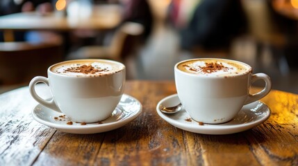 Fototapeta premium Two coffee cups rest on a table in a cozy restaurant setting.