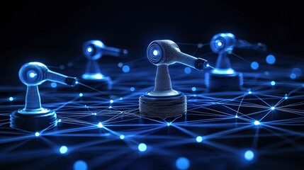 Four Robotic Arms Connected With Futuristic Digital Network System