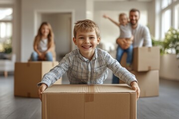 Happy family enjoys moving day, celebrating new beginnings together in their spacious home