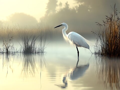 White Egret Standing Calmly in Misty Water Reflecting in the Lake - Powered by Adobe