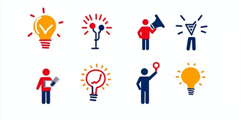 Fototapeta premium A set of eight hand-drawn vector icons representing leadership qualities: vision, motivation, influence, decision making, strategic planning, delegation, communication, e