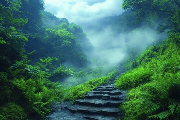 Lush green pathway leads through misty forest in early morning light