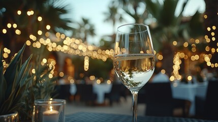 A glass of wine sits at a table near glowing lights