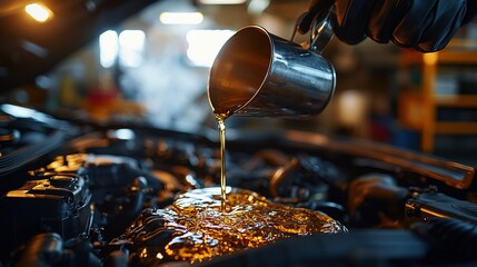 A mechanic pours oil into a car engine for lubrication purposes