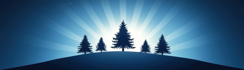 Obraz premium A serene landscape featuring silhouetted trees against a radiant blue background, symbolizing tranquility and nature's beauty.