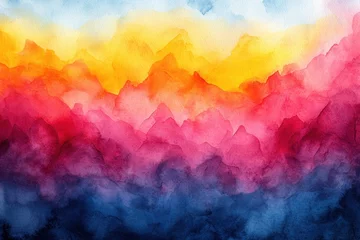Gardinen Vibrant watercolor landscape with mountains and sunset hues reflecting in the sky © PD