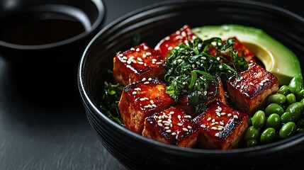 Delicious bowl filled with tofu avocado seaweed and soybeans