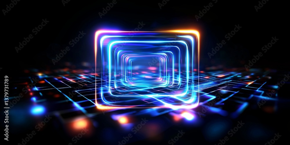 Poster A vibrant canvas of glowing geometric lines, forming a mesmerizing pattern of shimmering blue rounded squares, pulsates with a futuristic energy. A perfect backdrop for m