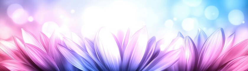 A vibrant display of stylized flowers in shades of pink and blue, set against a soft, glowing background of bokeh lights.