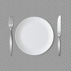 White Plate with Fork and Knife Cutlery Set Vector