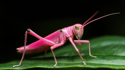 close up Bug. vibrant close up of pink grasshopper bug perched on green leaf showcasing its unique color
