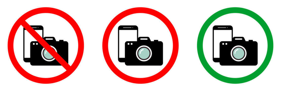 Warning sign, no photos, no phone or camera vector icons. Prohibition on taking photos and videos. No photo allowed or camera prohibited red circle and green allowed round vector icon set isolated.