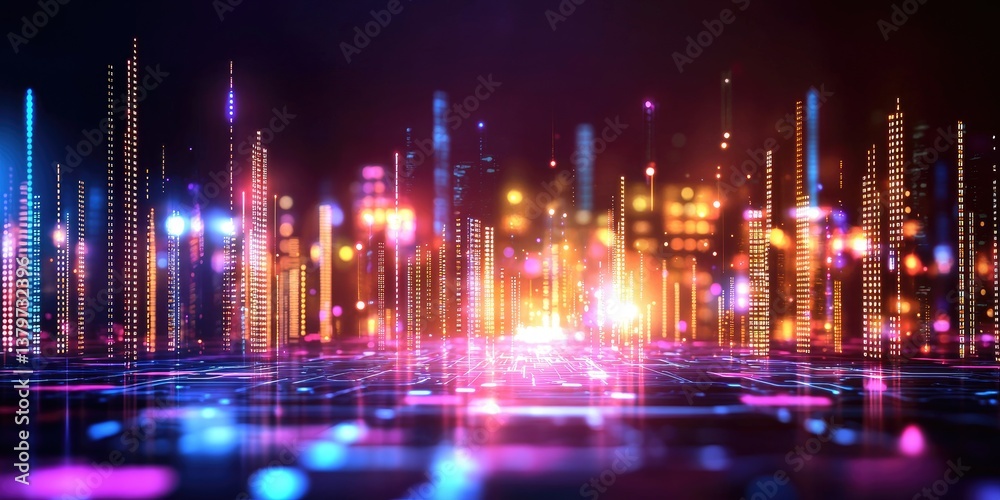Poster A futuristic cityscape of glowing data streams, where abstract AI tech swirls like a digital nebula. Modern lines and patterns weave a mesmerizing backdrop, hinting at th