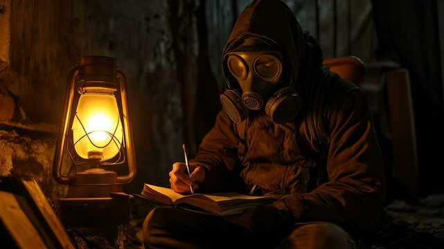 A Mysterious Figure Dressed in a Gas Mask Engaged in Writing by the Light of a Lantern in the Darkness