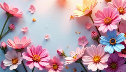 Scattered single blooms, stylized, pastel hues, simple floral, delicate floral