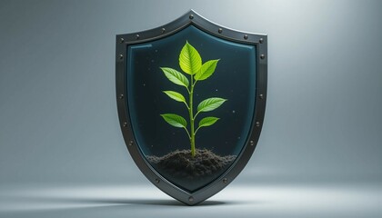 Shield with growing plant, protection and nurturing concept, studio lighting, clean background, security metaphor