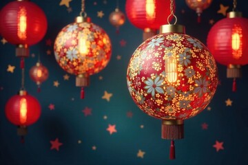 Fototapeta premium New Year Decorations Hanging from the Ceiling , streamers, confetti, celebration