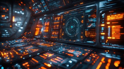 Obraz premium Futuristic Sci Fi Spaceship Control Panel Interface with Glowing Orange and Blue HUD