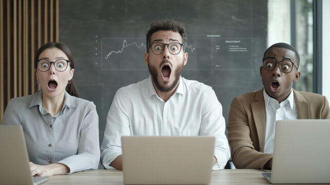 Astonished Team: A trio of business professionals react in a moment of stunned surprise while at their work, mouths agape, conveying disbelief or shock in a collaborative office setting.