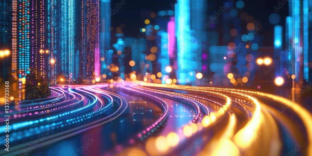 Aufkleber A futuristic cityscape unfolds, where a sleek, digital highway path snakes through towering, binary-infused structures, symbolizing the interconnectedness of big data and