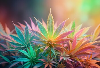 Vibrant Rainbow Cannabis Leaf with Multicolor Glow in a Dreamy Psychedelic Nature Background 