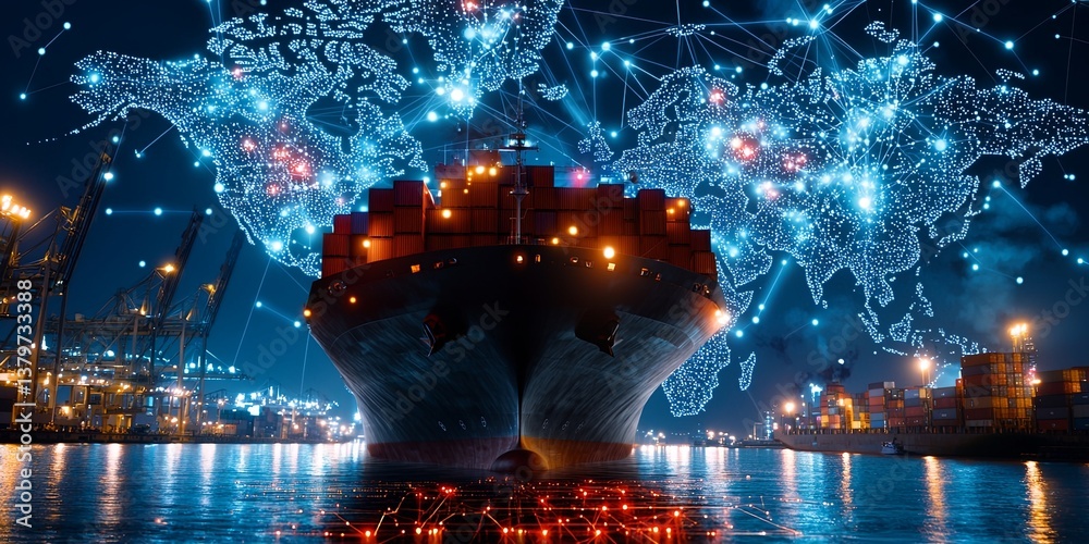 Aufkleber A colossal vessel, its belly laden with a symphony of containers, bobbed majestically in the heart of a harbor, while a digital world map, its intricate network of lines