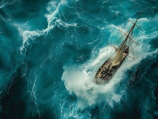 Obraz premium Schooner Battling Relentless Tempest in Churning Cerulean Waters Dramatic Cinma Vrit Seafaring Adventure