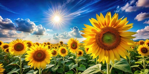 Obraz premium Vibrant Double Exposure of Sunflowers and Clear Blue Sky for Stunning Visuals and Copy Space