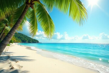 Palm fronds swaying in the ocean breeze on a sun-kissed sandy shore , palm, tropical, breeze